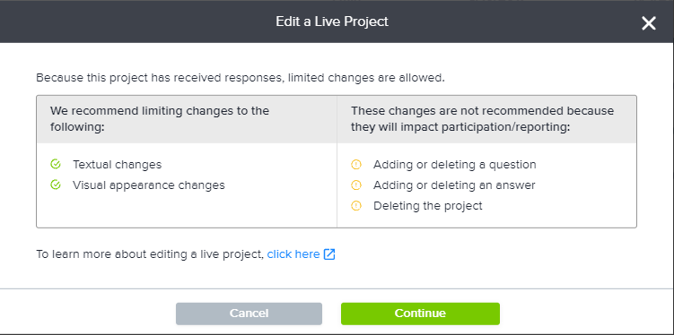 Edit live project modal